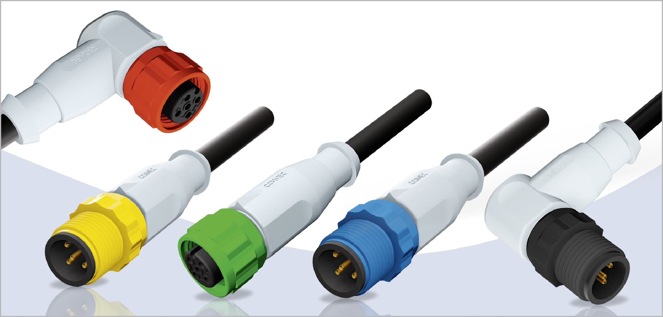 M12x1 Connectors overmoulded with coloured plastic coupling elements